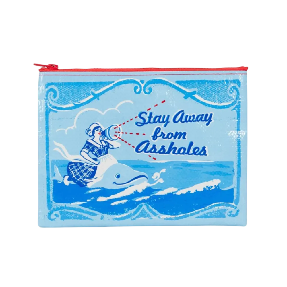 A light blue zippered pouch featuring a vintage-style blue illustration of a woman on a dolphin with the text 'Stay Away from Assholes' and red dotted lines, set against a plain white background.