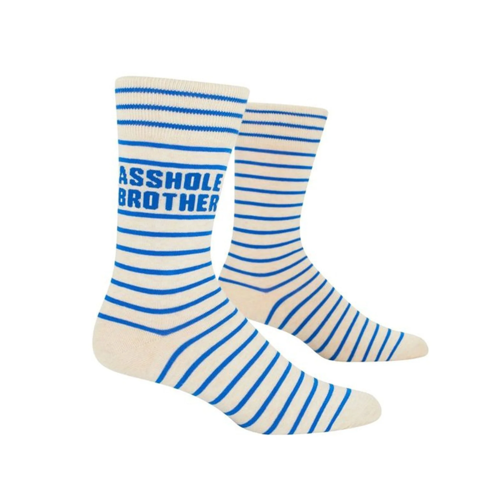 Pair of striped socks with 'Asshole Brother' text on a white background