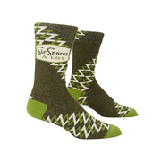 Pair of green and gray socks with zigzag pattern and 'Sir Snores a Lot' text on a light gray background