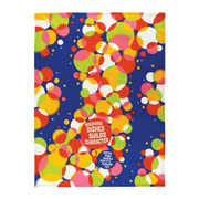 A square novelty towel featuring a retro pattern of overlapping colorful circles in red, orange, yellow, green, pink, and white on a dark blue background. The bottom center includes printed text reading 'WASHING DISHES BUILDS CHARACTER' and a small blue badge that says 'MADE IN USA WITH LOVE BY A FUCKING TOY'.