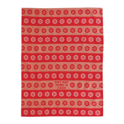 A rectangular kitchen tea towel with a red and beige striped pattern featuring small white flowers and the text 'DON'T MAKE MOMMY, BE A BITCH.' in red, shown flat against a white background.