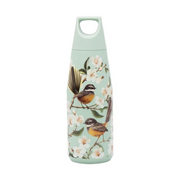 Mint green water bottle with bird and floral design on a white background