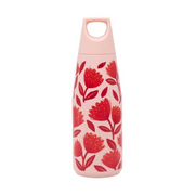 Floral-patterned water bottle with pink lid on a white background