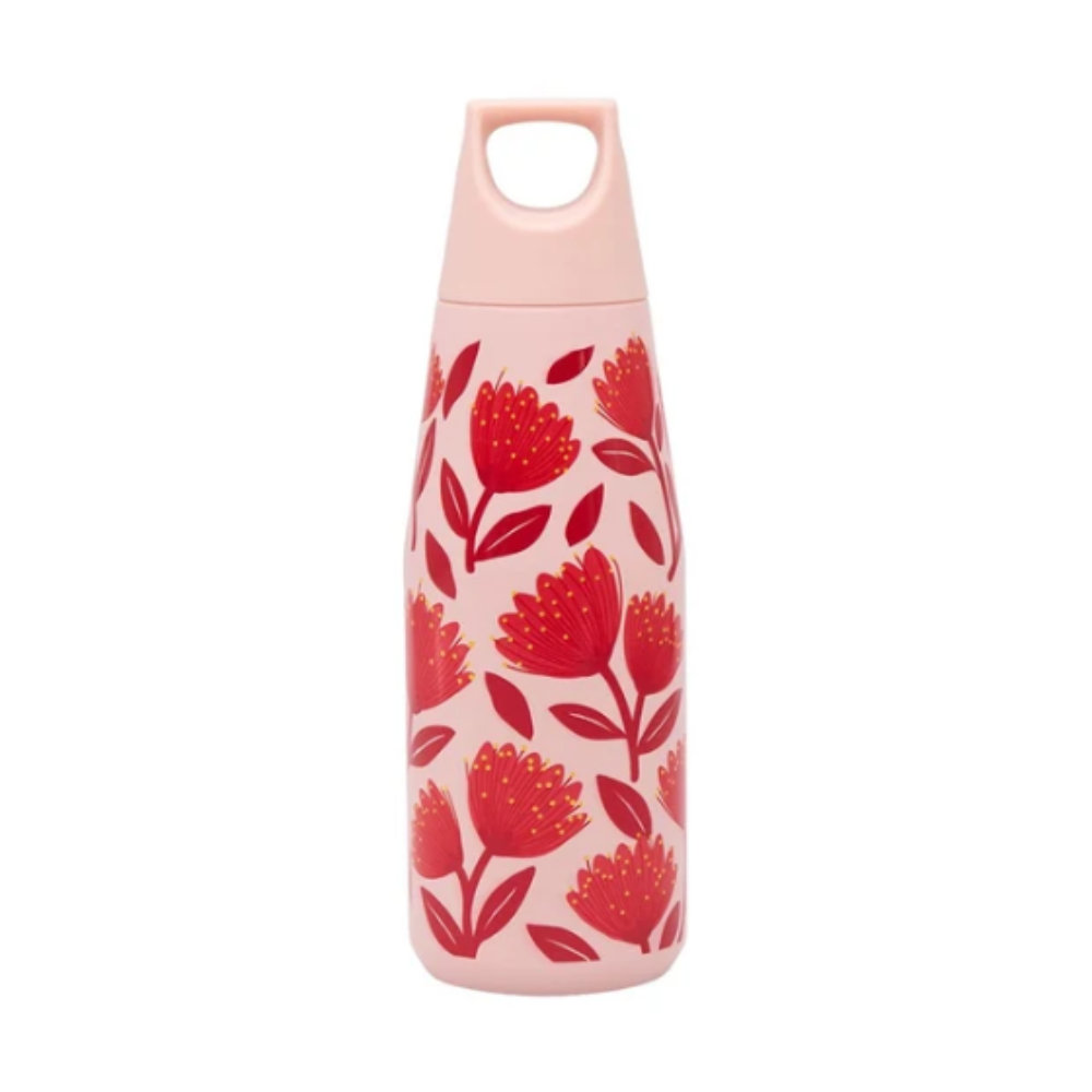 Floral-patterned water bottle with pink lid on a white background