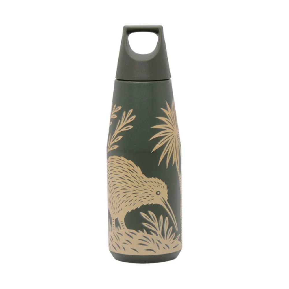 A dark green insulated water bottle with a beige kiwi bird and palm tree illustration, featuring a matching dark green lid with a carry loop, shown on a plain white background.