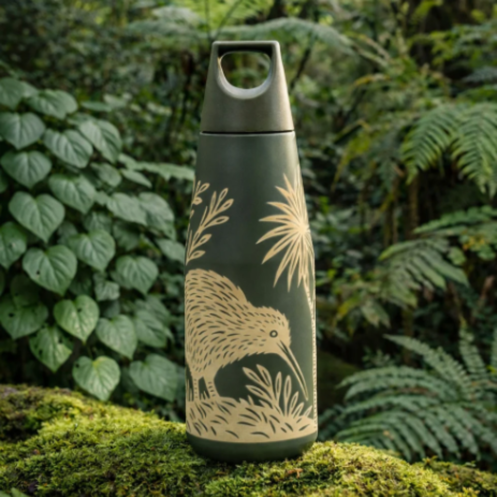 Green water bottle with kiwi bird design against a natural background