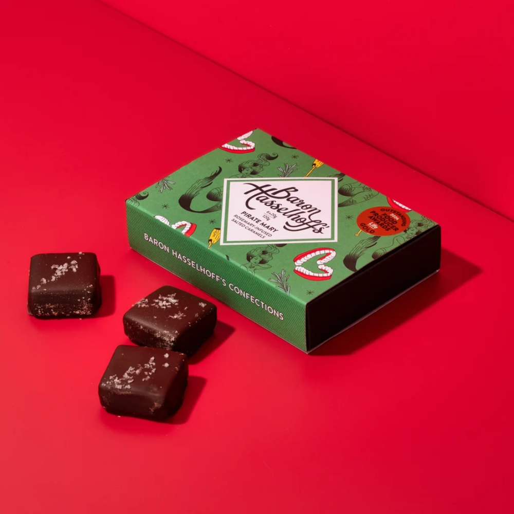 Baron Hasselhoff's Chocolate Box of 6 Pirate Mary Rosemary Infused Salted Caramel