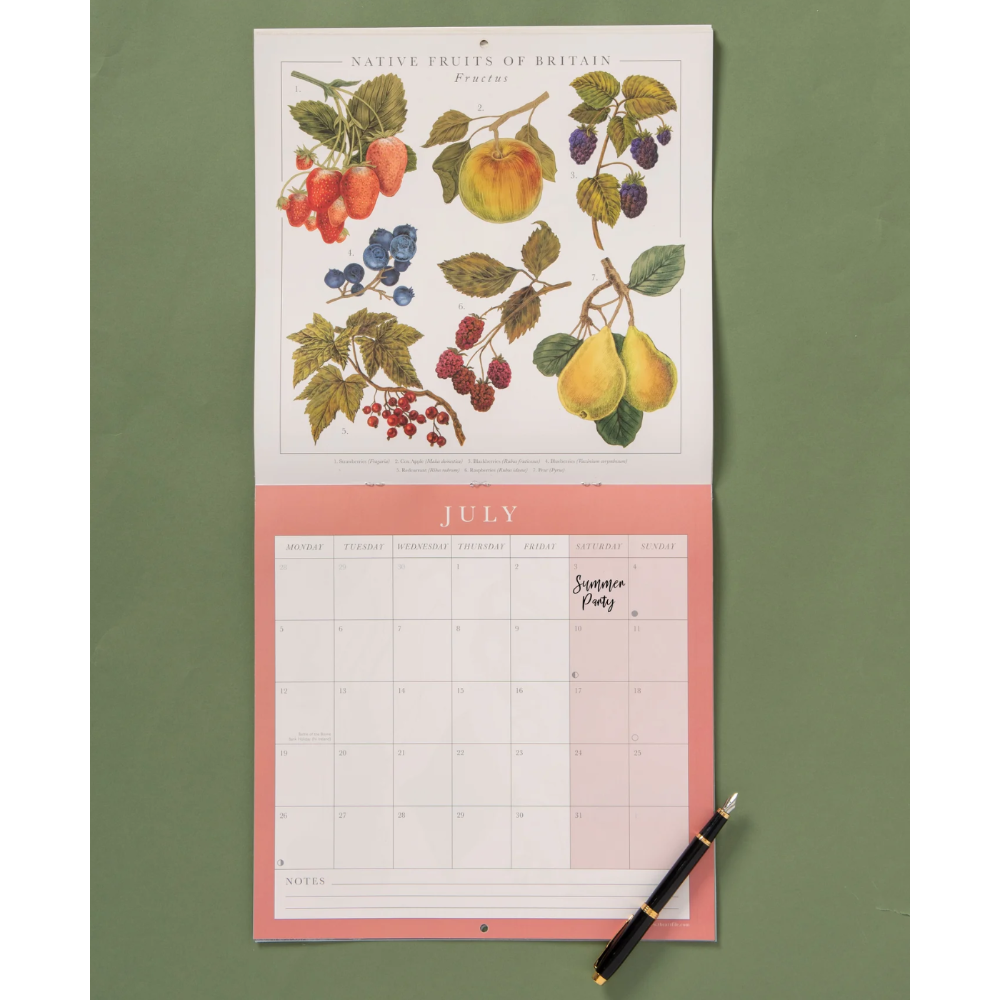 A hanging wall calendar page showing a vintage botanical fruit illustration at the top and a July calendar grid below on a pink background, photographed against an olive green wall with a black pen placed at the bottom right.