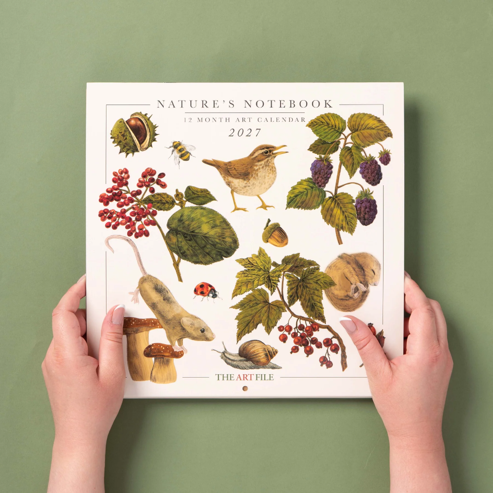 A person holds a square art calendar titled "Nature's Notebook 12 Month Art Calendar 2027" against a muted sage green background. The calendar cover features vintage-style illustrations of nature elements including a bird, mushroom, snail, acorn, berries, and leaves on an off-white background.