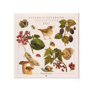 A square Nature's Notebook 2027 12 Month Art Calendar from The Art File, featuring a cream-colored cover decorated with vintage-style botanical and animal illustrations including a bird, berries, mushrooms, a snail, and a ladybug.