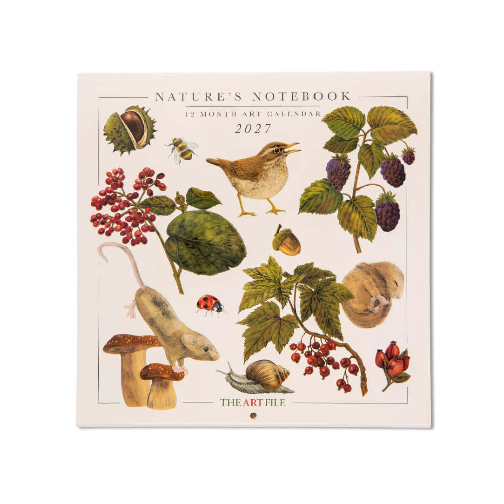 A square Nature's Notebook 2027 12 Month Art Calendar from The Art File, featuring a cream-colored cover decorated with vintage-style botanical and animal illustrations including a bird, berries, mushrooms, a snail, and a ladybug.