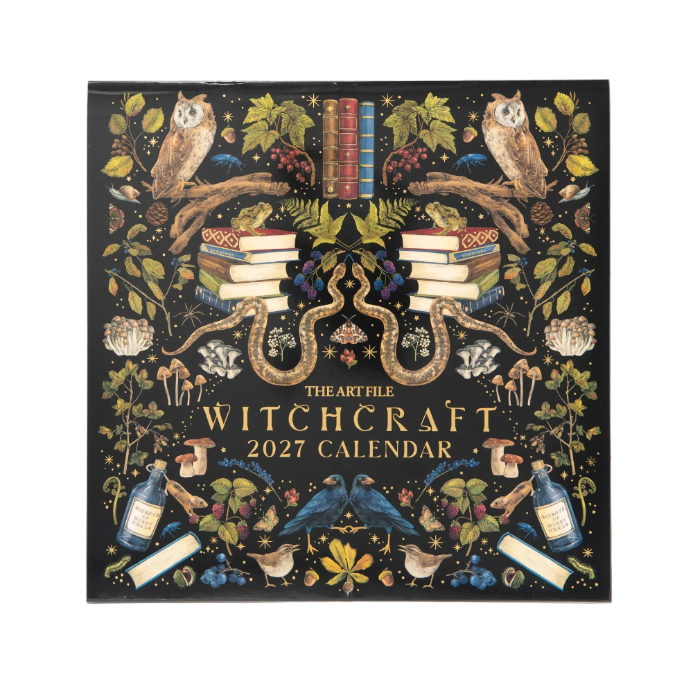 A square wall calendar cover for 'The Art File: Witchcraft 2027 Calendar' featuring a highly detailed, symmetrical illustration of witchcraft elements like owls, books, snakes, mushrooms, birds, and bottles on a black background.