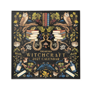 A square wall calendar cover for 'The Art File: Witchcraft 2027 Calendar' featuring a highly detailed, symmetrical illustration of witchcraft elements like owls, books, snakes, mushrooms, birds, and bottles on a black background.
