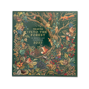 A square 12-month art calendar titled 'Into the Forest 2027' by The Art File, featuring a dense forest illustration with squirrels, birds, berries, and foliage on a dark green background.