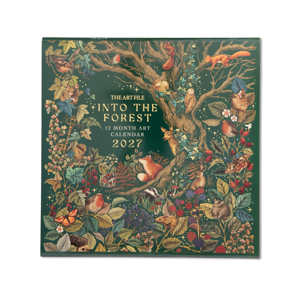 A square 12-month art calendar titled 'Into the Forest 2027' by The Art File, featuring a dense forest illustration with squirrels, birds, berries, and foliage on a dark green background.