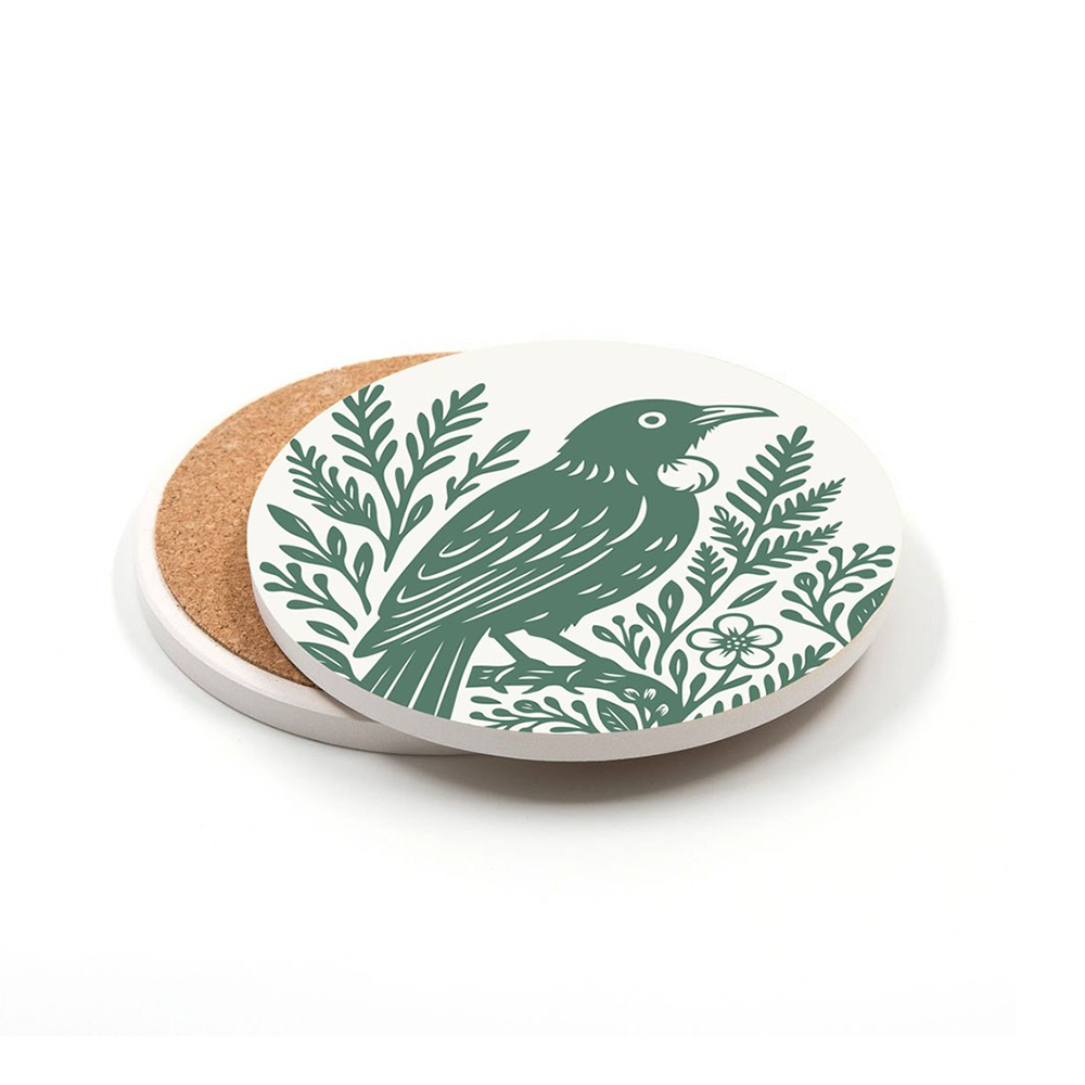 100% NZ Ceramic Coaster Woodcut Tūī