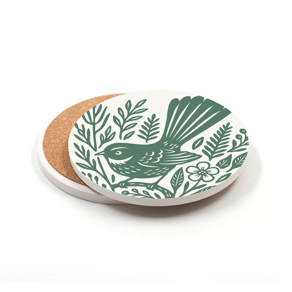 100% NZ Ceramic Coaster Woodcut Fantail