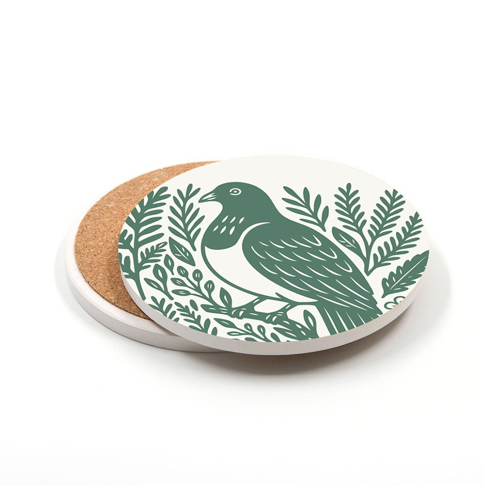100% NZ Ceramic Coaster Kereru Woodcut
