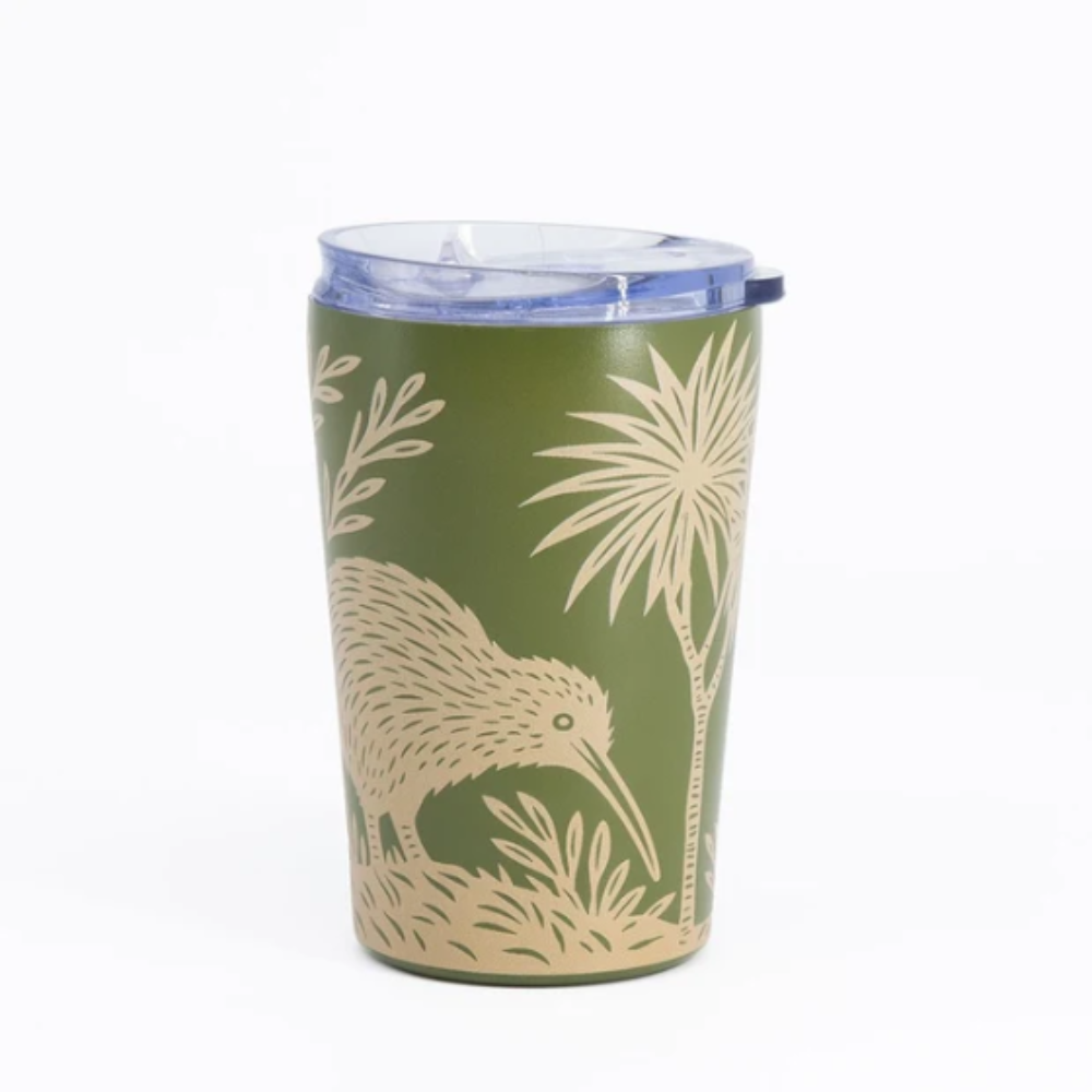 An olive green insulated tumbler with a clear lid, decorated with a beige kiwi bird and palm tree design, on a white background.