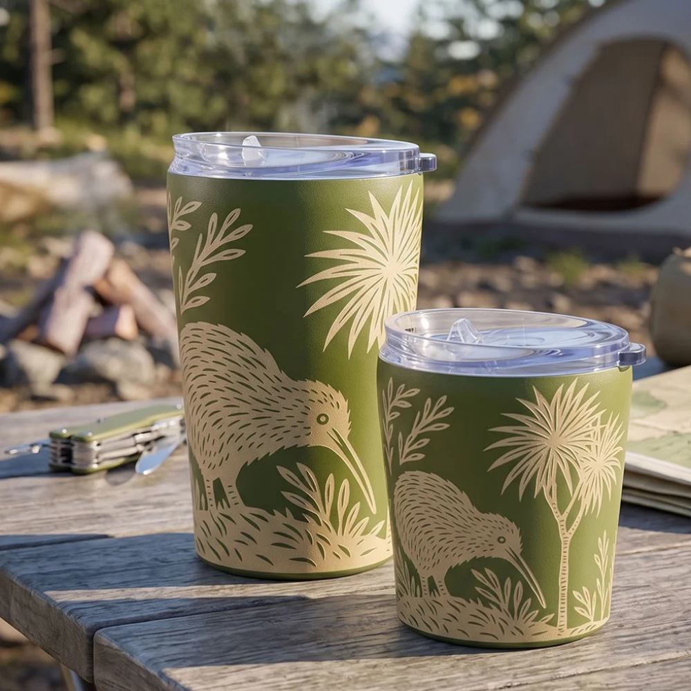 Two insulated tumblers with clear lids sit on a wooden table outdoors. The tumblers are olive green with a cream-colored kiwi bird and palm tree pattern.