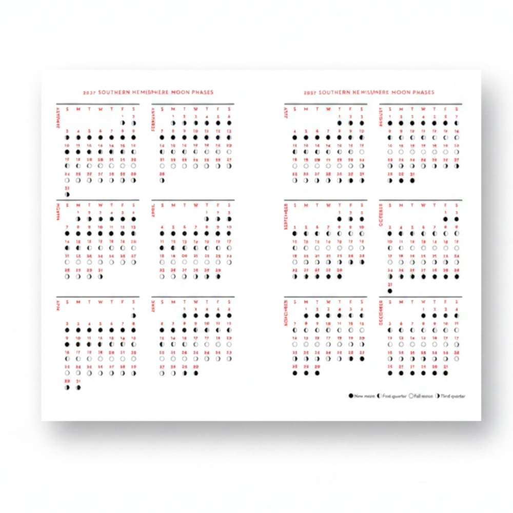 A 12-month calendar showing moon phases for the 2027 Southern Hemisphere, with monthly grids from January to December and moon phase icons in black, white, and red. A small legend at the bottom explains the moon phase symbols.