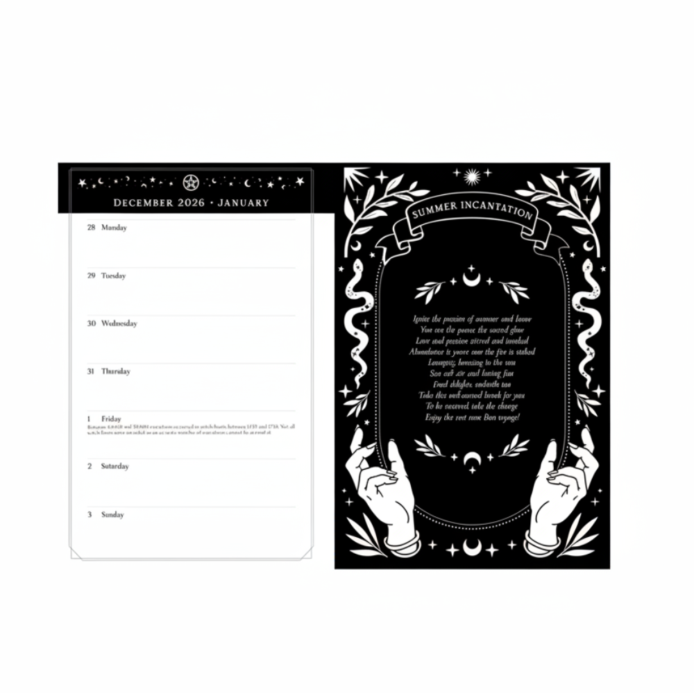 A black and white aesthetic calendar spread showing the transition from December 2026 to January on the left, and a decorative 'Summer Incantation' divination card design on the right with ornate borders, stars, crescent moons, and illustrated hands.
