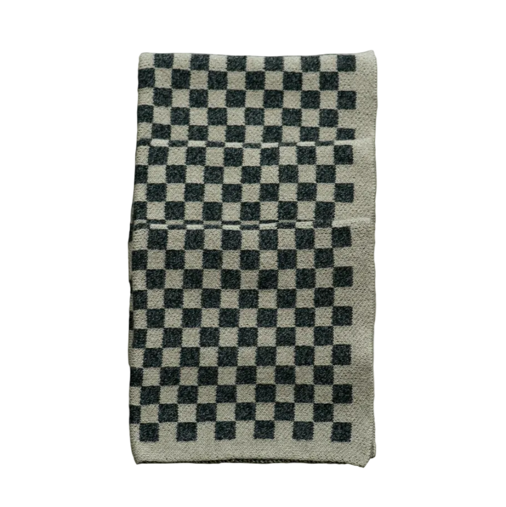 Checkered towel with black and white pattern on a white background