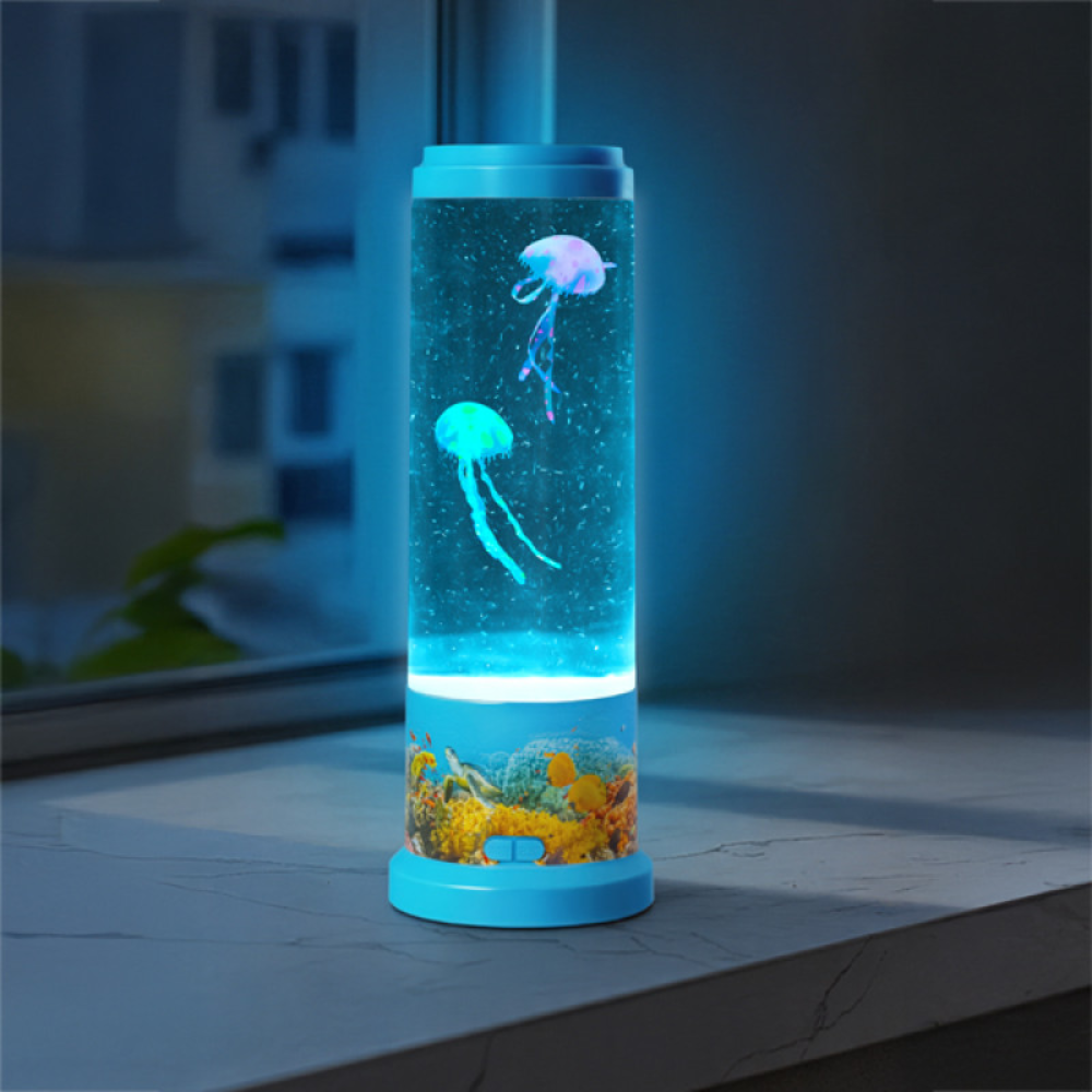  cylindrical aquarium lamp with jellyfish and underwater scene on a table