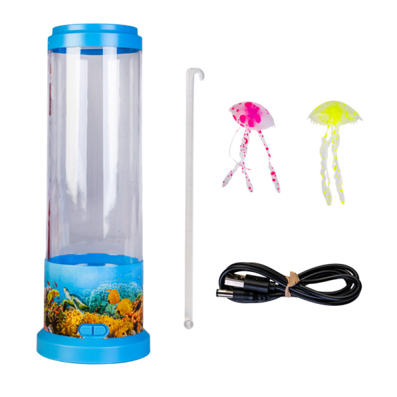Aquarium jellyfish tank lamp with two jellyfish and a power cable on a white background