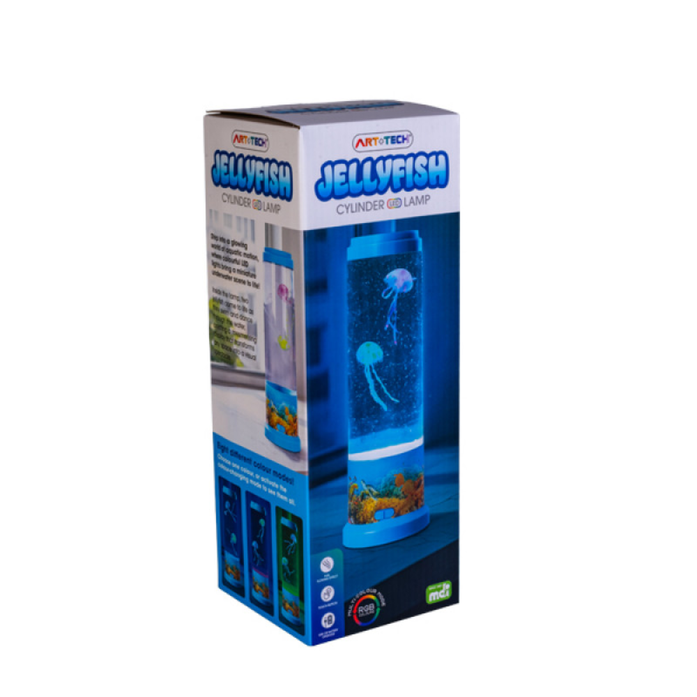 Boxed aquarium jellyfish lamp with blue design on a white background