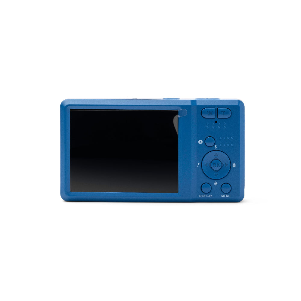 A blue digital camera shown from the back, featuring a large black LCD screen and a control pad with buttons on the right side, set against a plain white background.