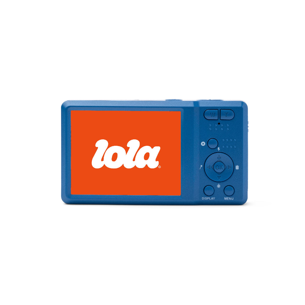 A blue digital camera shown from the back, featuring a bright orange screen with the white 'lola' logo and a control dial on the right side, set against a plain white background.