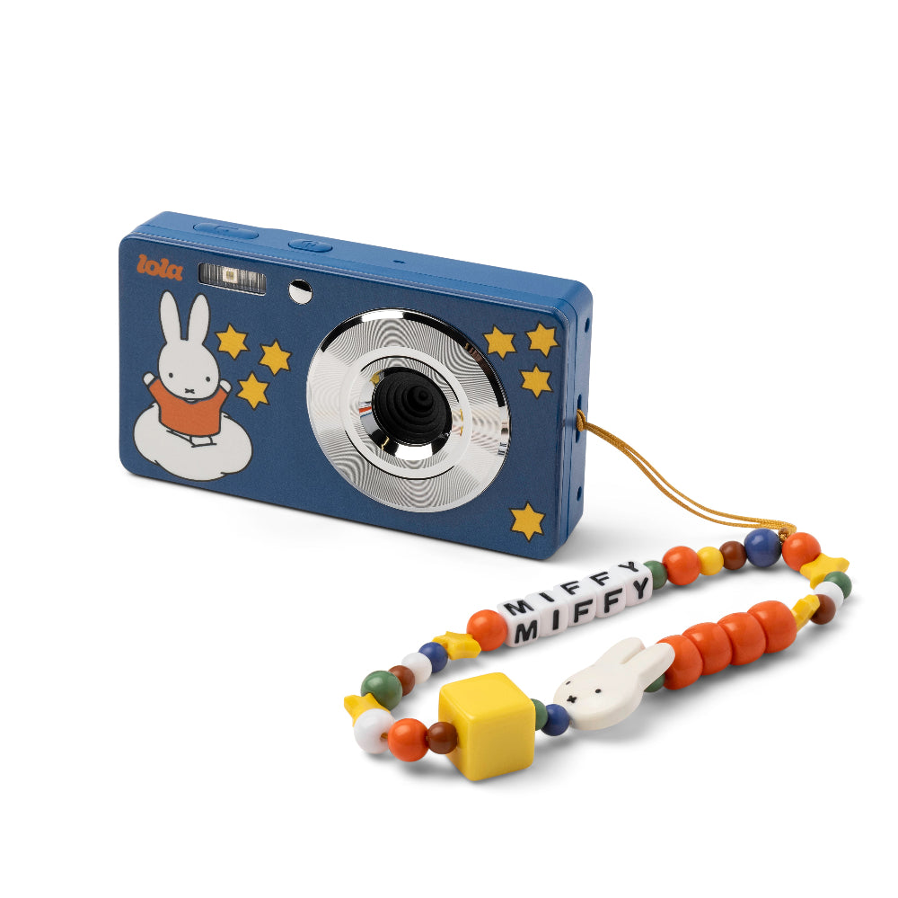 A blue Jola compact camera featuring a cartoon rabbit character and yellow stars, complete with a colorful beaded wrist strap.