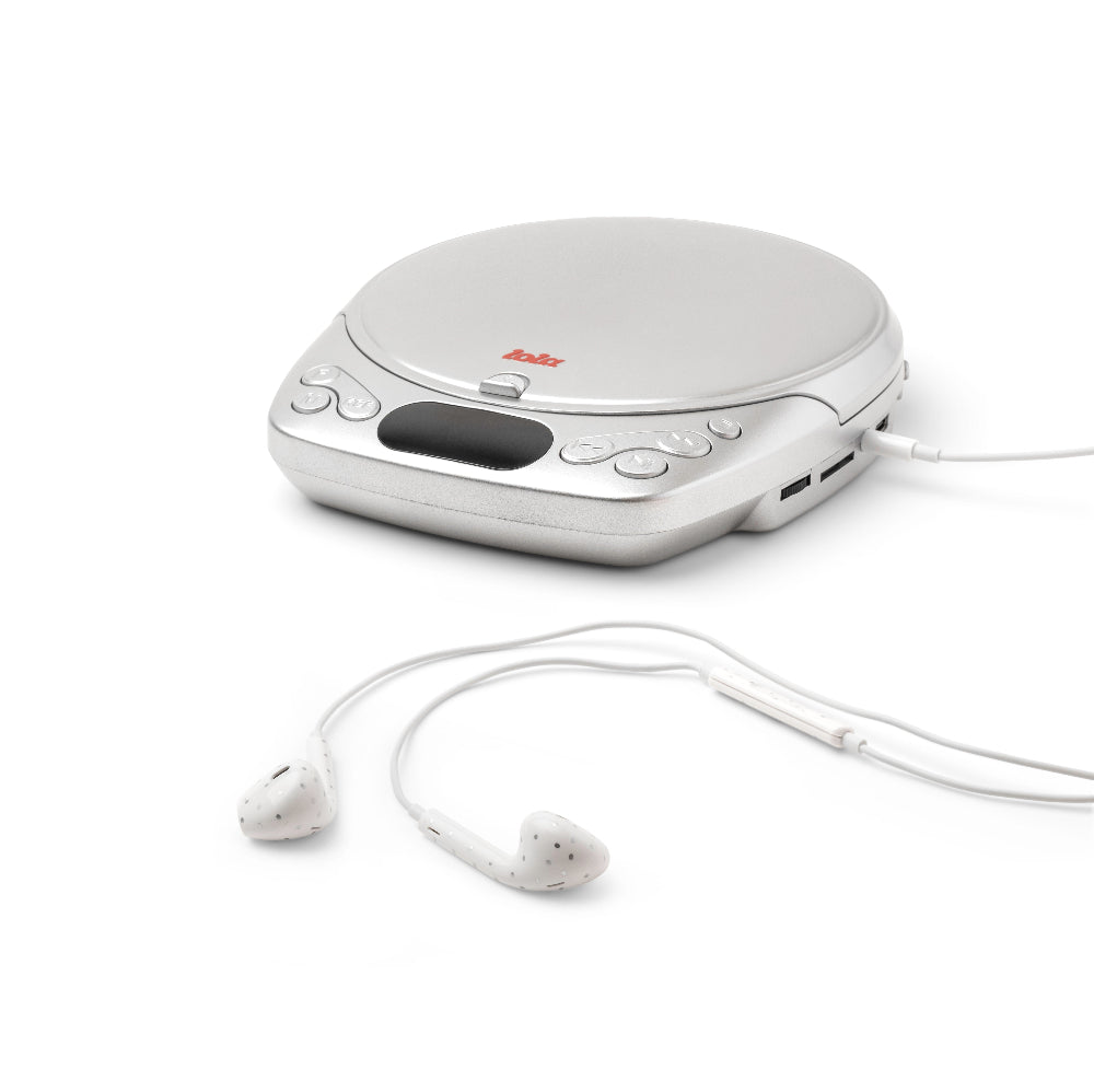 A silver portable CD player with white wired earphones, photographed on a clean white background.