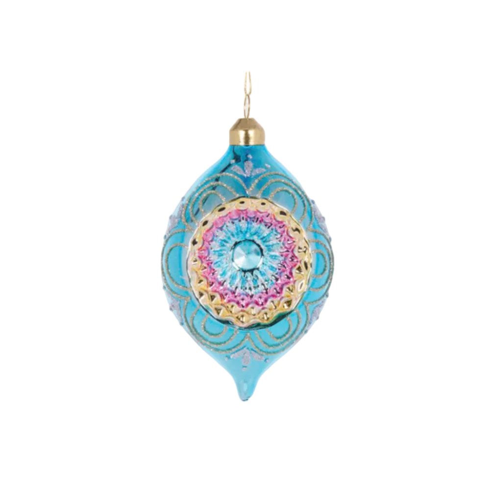 Holly & Ivy Glass Christmas Bauble Retro Blue Vintage Drop