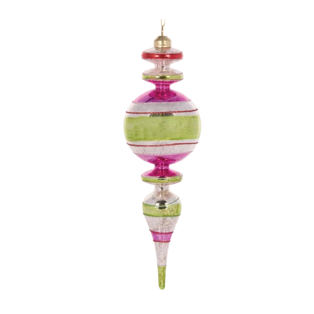 Holly & Ivy Glass Christmas Decoration Retro Green Stripe Finial