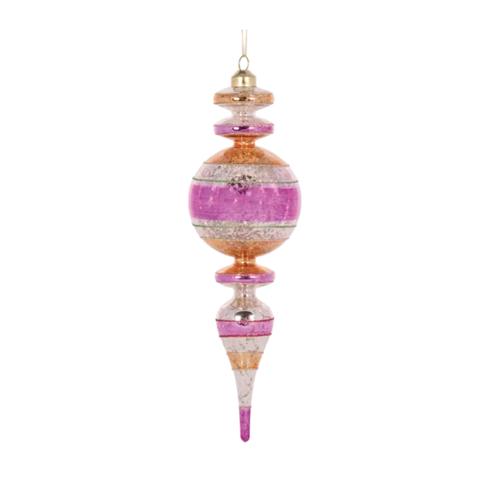 Holly & Ivy Glass Christmas Decoration Retro Pink Stripe Finial