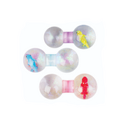 Four bachelorette party novelty drinkware pieces with clear spherical cups, iridescent glitter, and colorful animal figures (blue, yellow, pink, red) on a white background.
