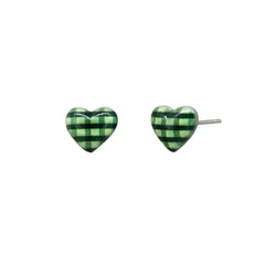 Tiger Tree Green Gingham Heart Studs