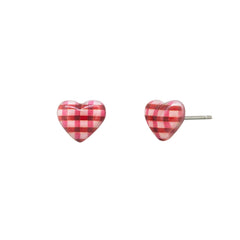 Tiger Tree Red Gingham Heart Studs