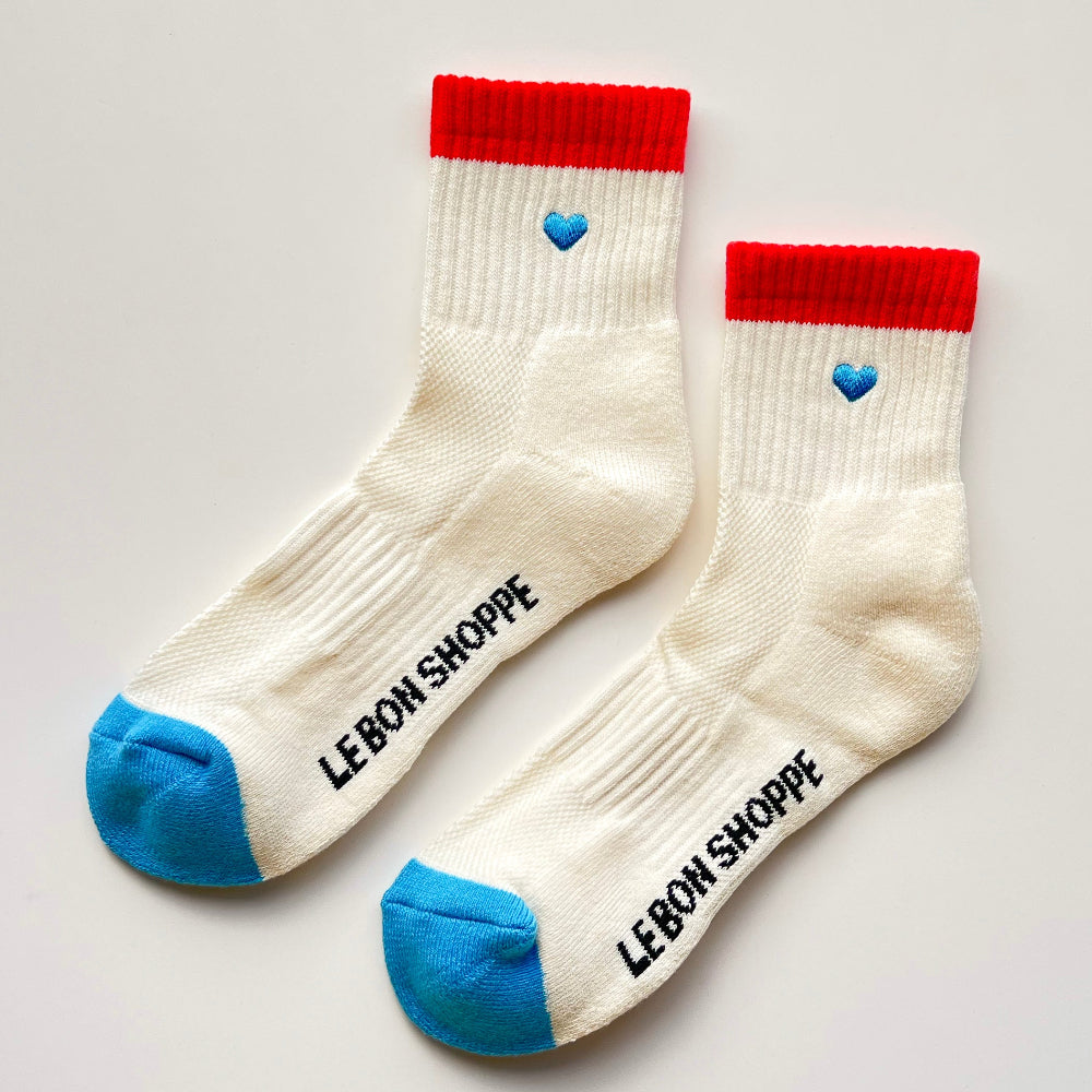 Le Bon Shoppe Girlfriend Socks Embroidered Colour Block Blue Red + Heart