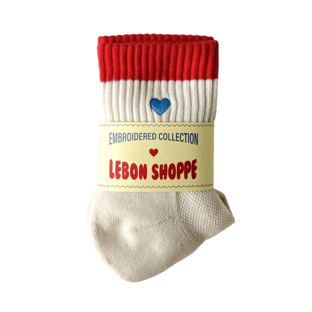 Le Bon Shoppe Girlfriend Socks Embroidered Colour Block Blue Red + Heart