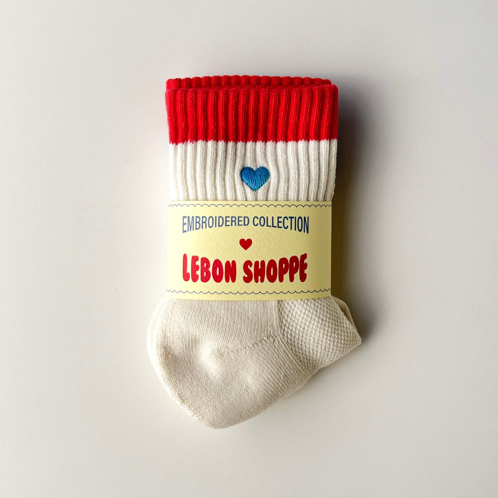 Le Bon Shoppe Girlfriend Socks Embroidered Colour Block Blue Red + Heart