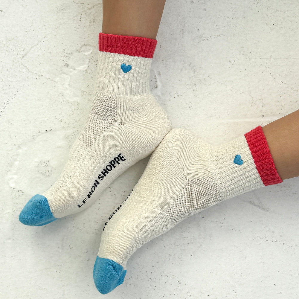 Le Bon Shoppe Girlfriend Socks Embroidered Colour Block Blue Red + Heart