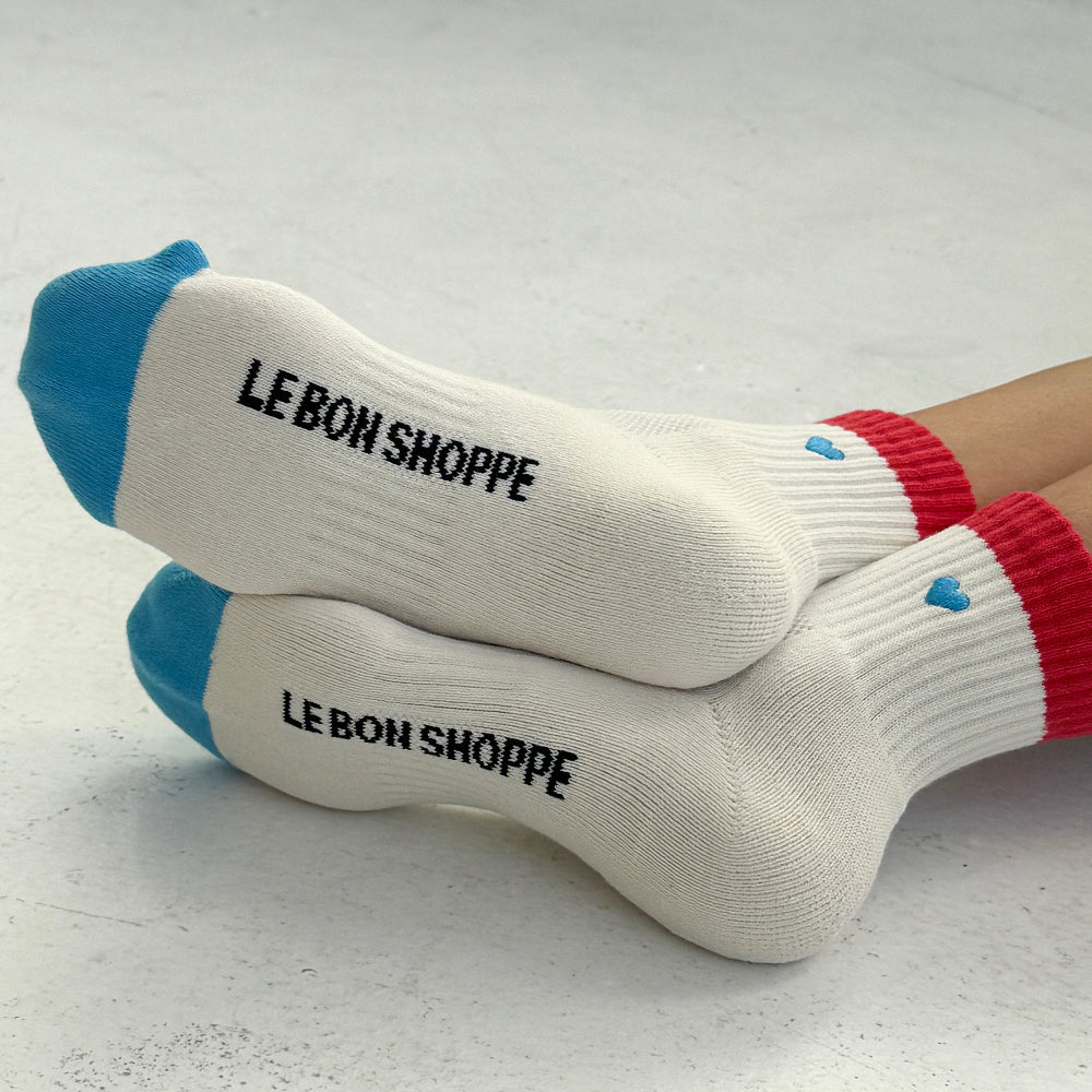 Le Bon Shoppe Girlfriend Socks Embroidered Colour Block Blue Red + Heart