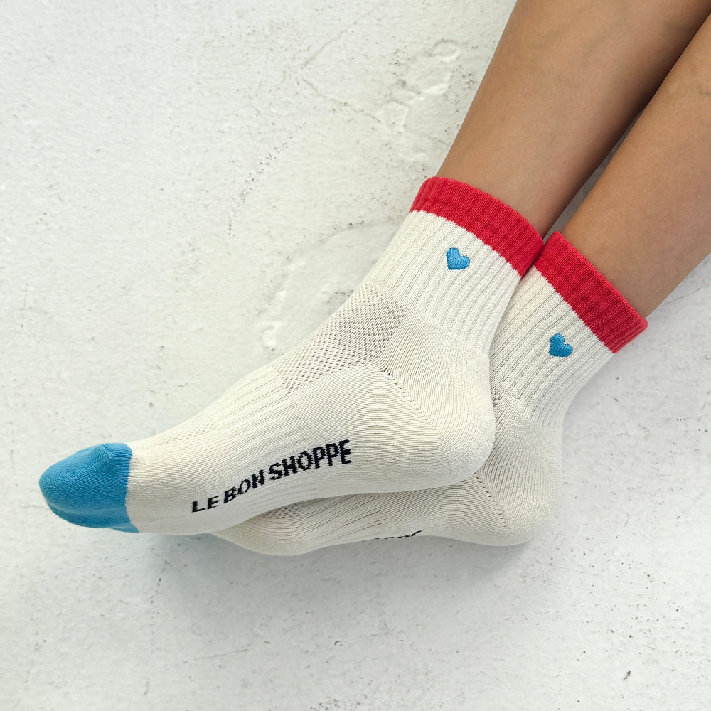 Le Bon Shoppe Girlfriend Socks Embroidered Colour Block Blue Red + Heart