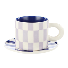Emporium Ceramic Check Mug & Plate Set Lilac Navy