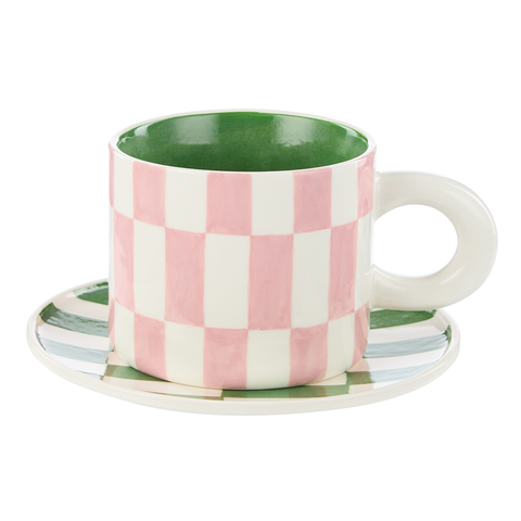 Emporium Ceramic Check Mug & Plate Set Pink Green