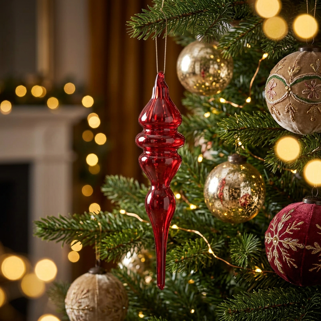 Holly & Ivy Glass Christmas Decoration Ruby Diamond Finial
