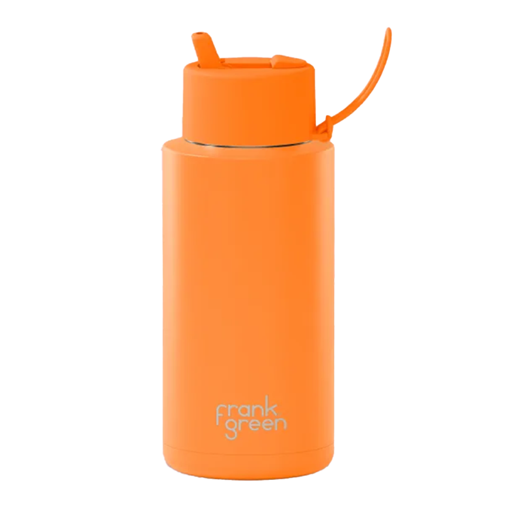 Frank Green Ceramic Reusable Bottle Flip Straw Lid 34oz Neon Orange